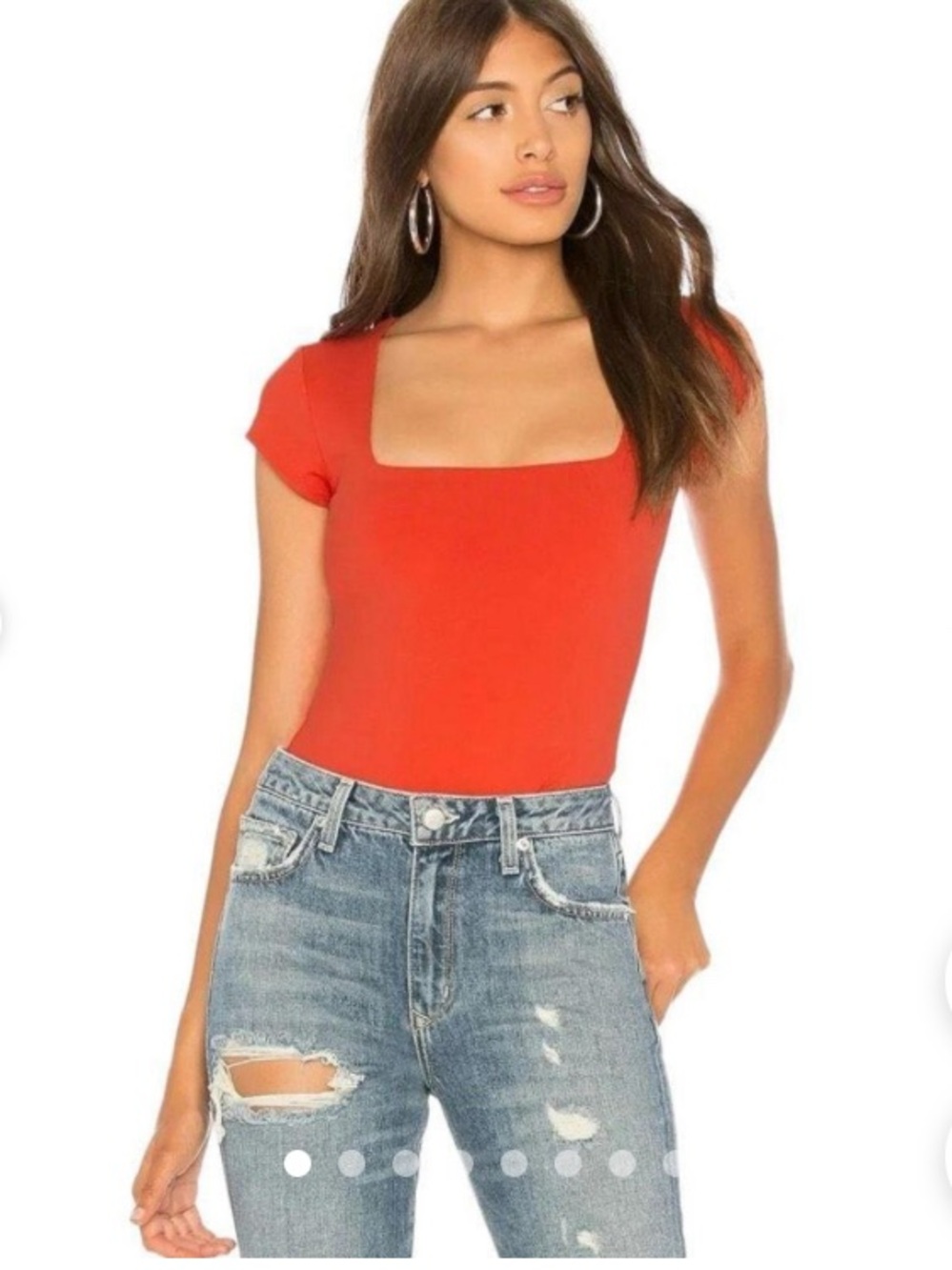 Free People Salmon Red Square Neck Short Sleeve Bodysuit Size XS